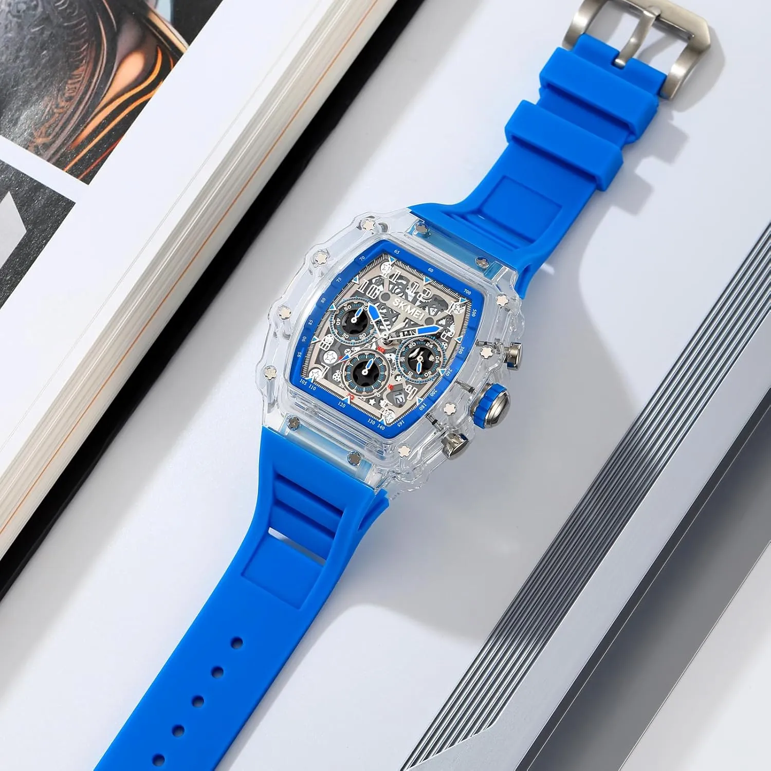 MASTOP Fashion Hollowed Men Watches Tonneau Transparent Skull Big Face Analog Display Silicone Strap Chronograph Calendar Quartz Waterproof Trend Male Wrist Watch