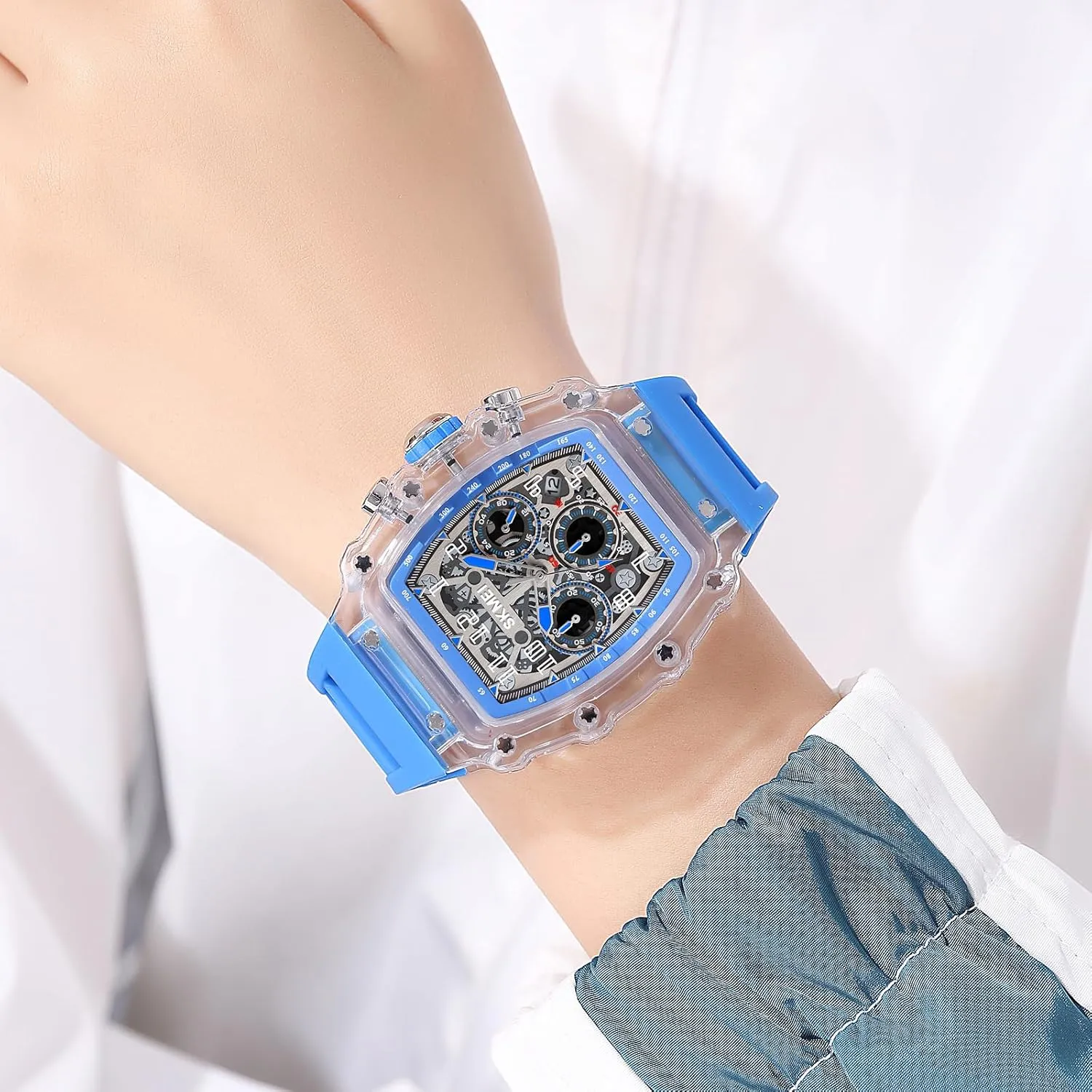 MASTOP Fashion Hollowed Men Watches Tonneau Transparent Skull Big Face Analog Display Silicone Strap Chronograph Calendar Quartz Waterproof Trend Male Wrist Watch