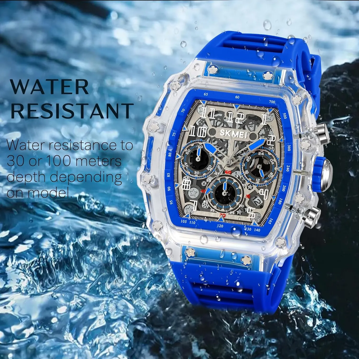MASTOP Fashion Hollowed Men Watches Tonneau Transparent Skull Big Face Analog Display Silicone Strap Chronograph Calendar Quartz Waterproof Trend Male Wrist Watch