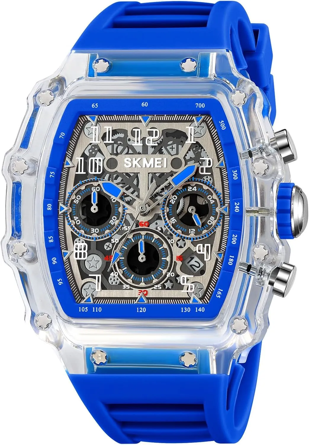 MASTOP Fashion Hollowed Men Watches Tonneau Transparent Skull Big Face Analog Display Silicone Strap Chronograph Calendar Quartz Waterproof Trend Male Wrist Watch