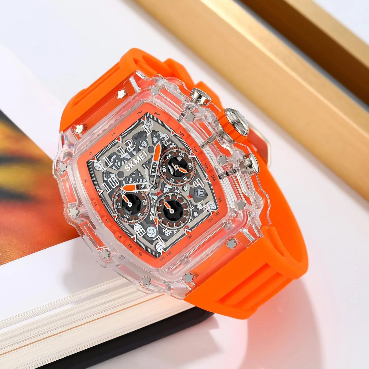 MASTOP Fashion Hollowed Men Watches Tonneau Transparent Skull Big Face Analog Display Silicone Strap Chronograph Calendar Quartz Waterproof Trend Male Wrist Watch