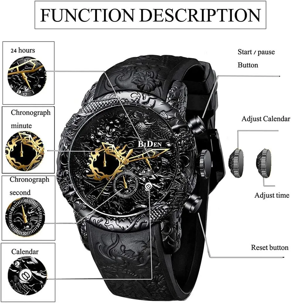 MASTOP Men's Fashion Big Dial 3D Sculpture Dragon Watches Men Quartz Watches Luxury Exquisite Creative Watch