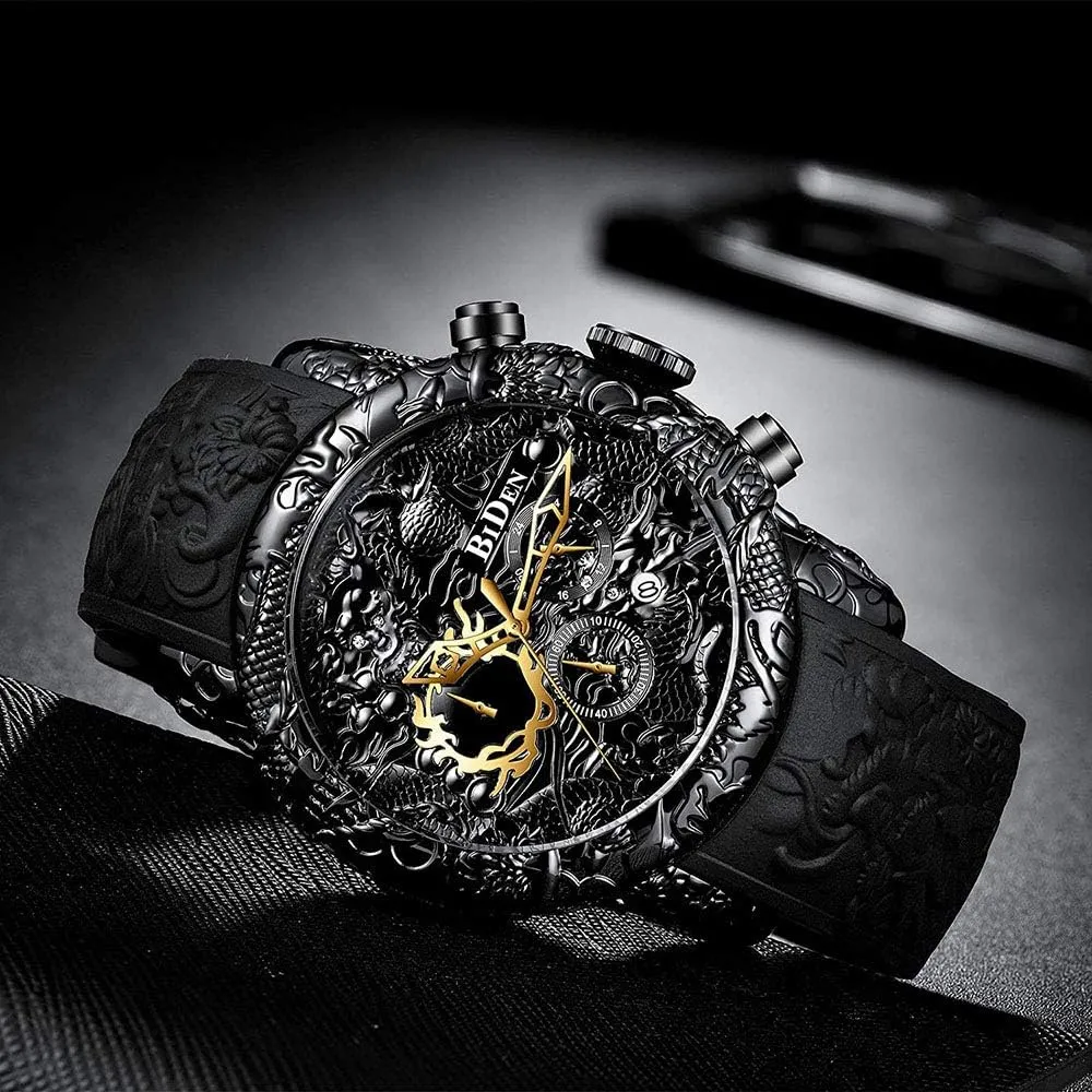 MASTOP Men's Fashion Big Dial 3D Sculpture Dragon Watches Men Quartz Watches Luxury Exquisite Creative Watch
