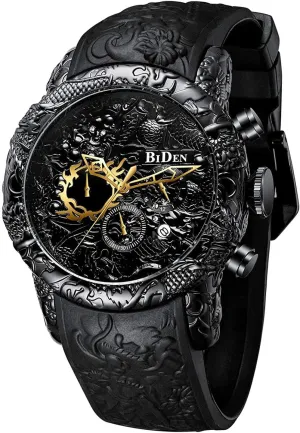 MASTOP Men's Fashion Big Dial 3D Sculpture Dragon Watches Men Quartz Watches Luxury Exquisite Creative Watch
