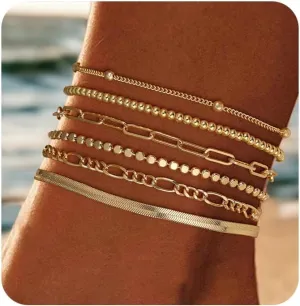 MBW Gold Ankle Bracelets for Women, Stackable 14K Gold Plated Beaded Anklets for Women Waterproof Dainty Layered Cuban Link Chain Anklet Set Adjustable Anklets Summer Boho Beach Jewelry Sets Gifts