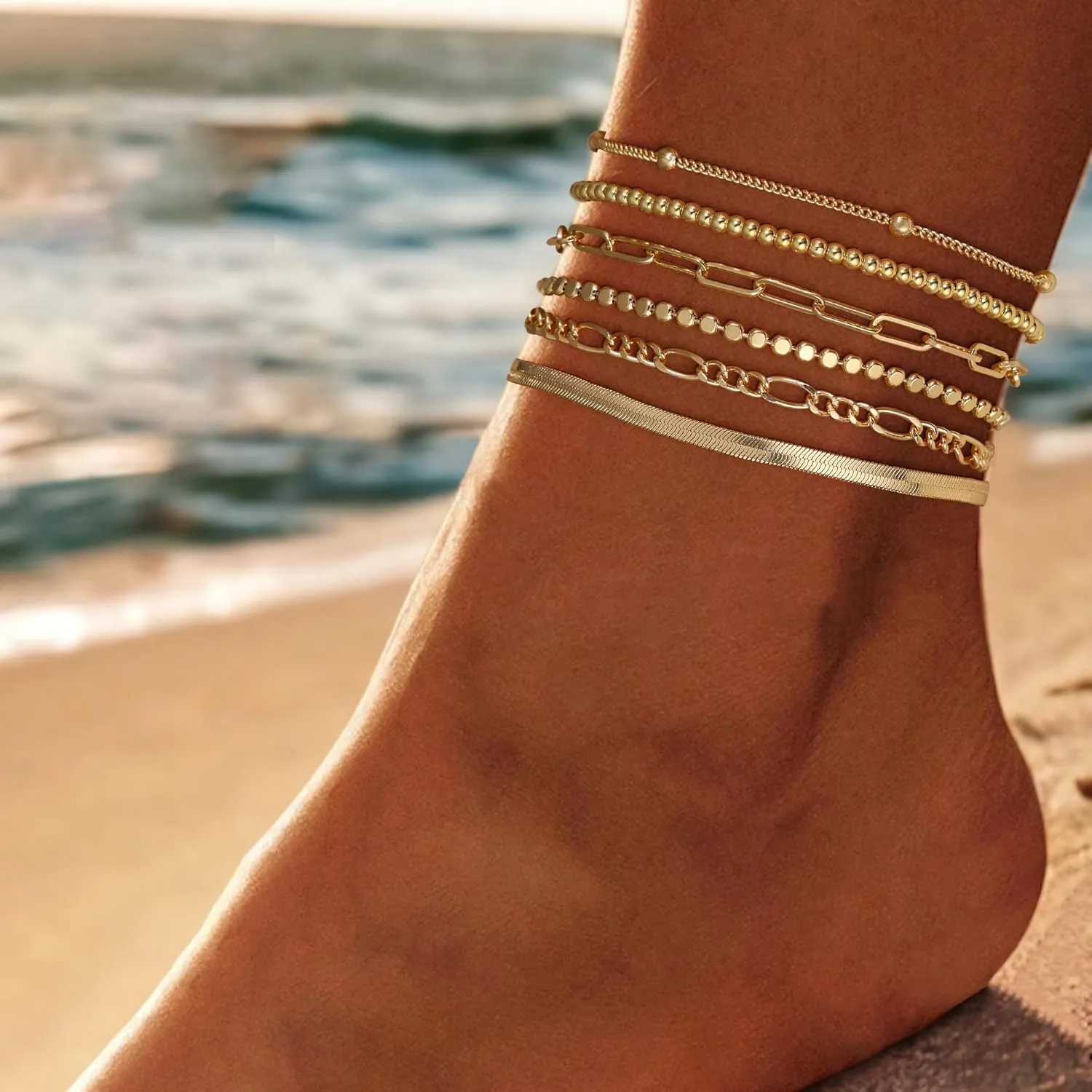 MBW Gold Ankle Bracelets for Women, Stackable 14K Gold Plated Beaded Anklets for Women Waterproof Dainty Layered Cuban Link Chain Anklet Set Adjustable Anklets Summer Boho Beach Jewelry Sets Gifts
