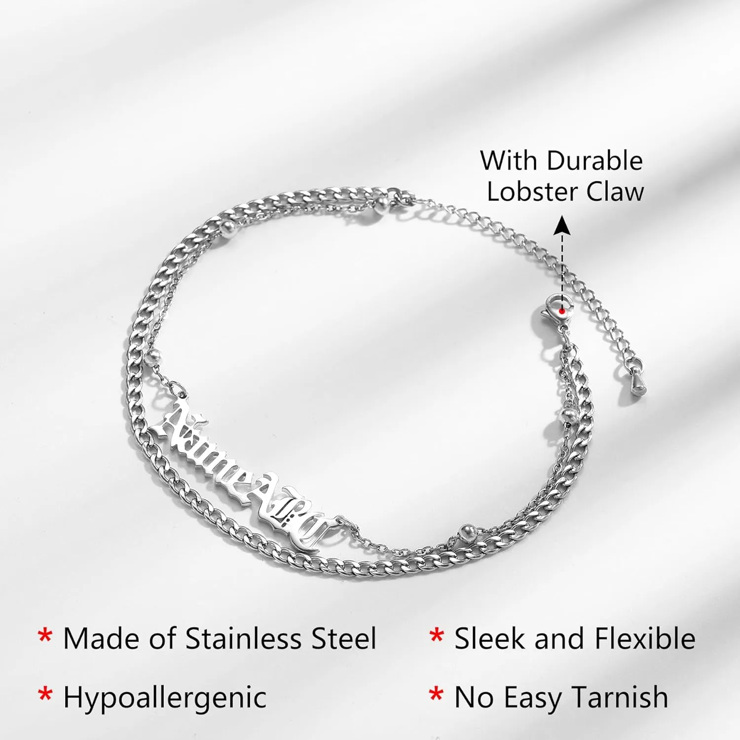 MeMeDIY Personalized Anklets for Women Stainless Steel Ankle Chain Bracelets Name Anklet Custom Beach Anklet Bracelets Adjustable Anklet for Girlfriend Best Friend
