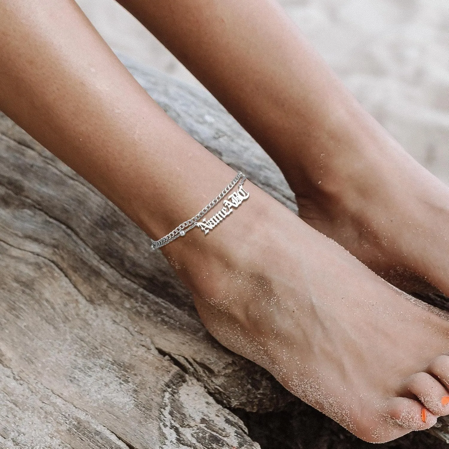 MeMeDIY Personalized Anklets for Women Stainless Steel Ankle Chain Bracelets Name Anklet Custom Beach Anklet Bracelets Adjustable Anklet for Girlfriend Best Friend