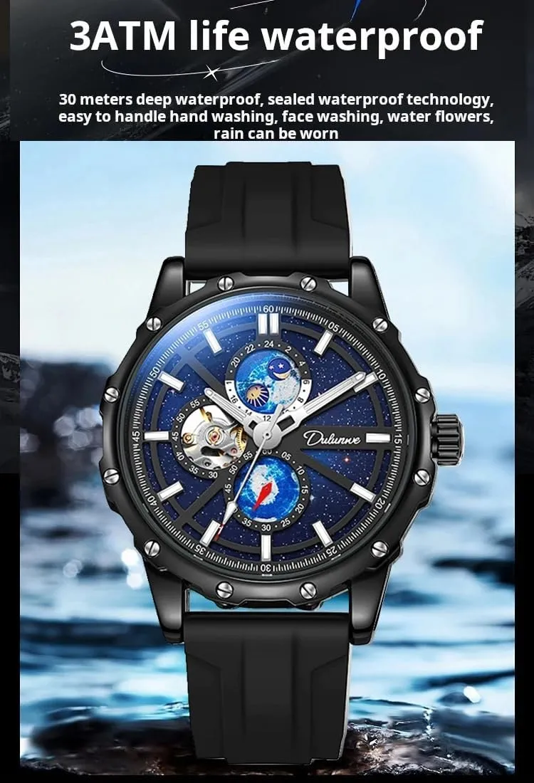 Men Automatic Mechanical Silicone Strap Hollow Out Mechanical Watch Starry Sky Wrist Watch Waterproof Business Watches for Men