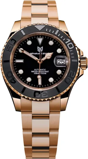 Men Automatic Watch NH35 Movement Fashion Rose Gold Stainless Steel 40MM Sapphire Glass Rubber Strap Diving Yacht 100M Waterproof Date Luminous Wristwatches for Men