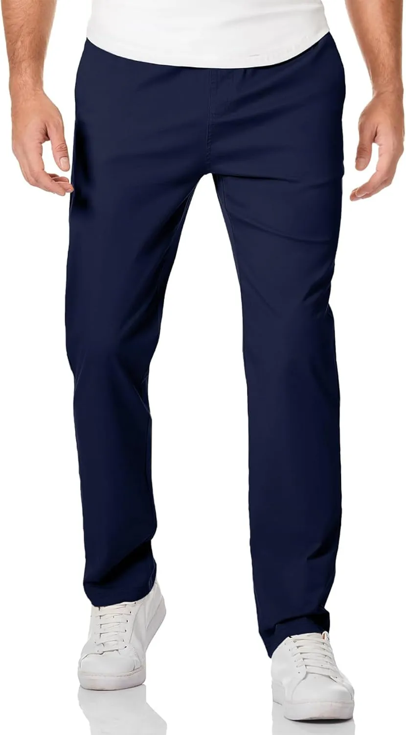 Mens Casual Pants Cotton Twill Straight-Fit Pants Drawstring Elastic Waist Chino Pants with Pockets