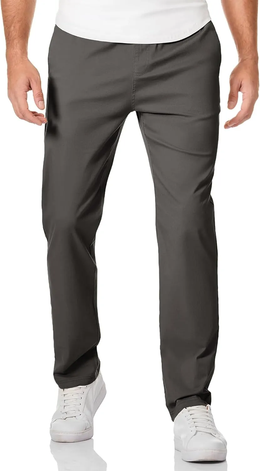 Mens Casual Pants Cotton Twill Straight-Fit Pants Drawstring Elastic Waist Chino Pants with Pockets