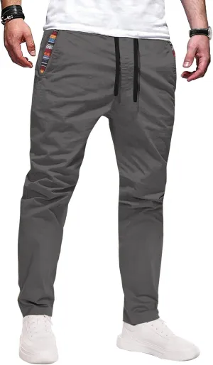 Mens Casual Pants Cotton Twill Straight-Fit Pants Drawstring Elastic Waist Chino Pants with Pockets