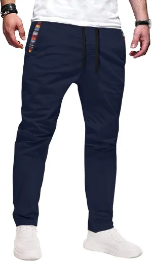 Mens Casual Pants Cotton Twill Straight-Fit Pants Drawstring Elastic Waist Chino Pants with Pockets