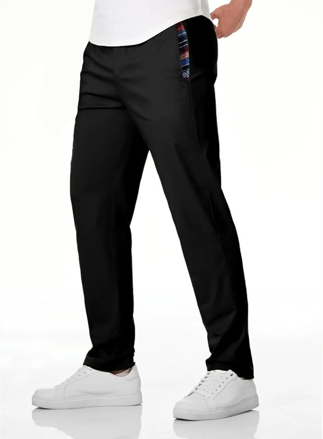 Mens Casual Pants Cotton Twill Straight-Fit Pants Drawstring Elastic Waist Chino Pants with Pockets
