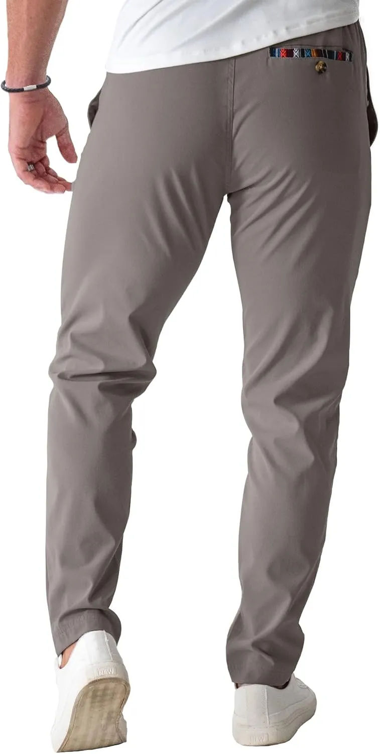 Mens Casual Pants Cotton Twill Straight-Fit Pants Drawstring Elastic Waist Chino Pants with Pockets