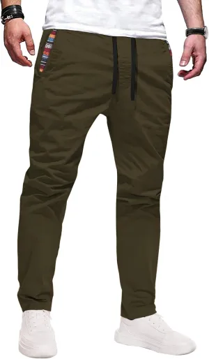 Mens Casual Pants Cotton Twill Straight-Fit Pants Drawstring Elastic Waist Chino Pants with Pockets