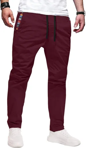 Mens Casual Pants Cotton Twill Straight-Fit Pants Drawstring Elastic Waist Chino Pants with Pockets