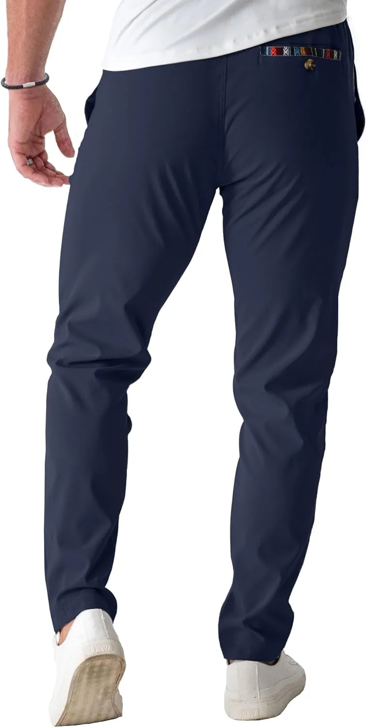 Mens Casual Pants Cotton Twill Straight-Fit Pants Drawstring Elastic Waist Chino Pants with Pockets