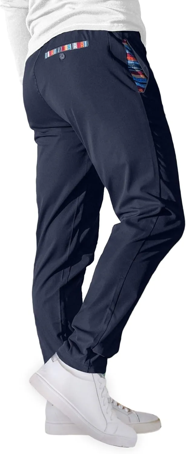 Mens Casual Pants Cotton Twill Straight-Fit Pants Drawstring Elastic Waist Chino Pants with Pockets