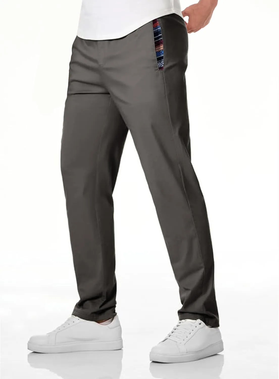 Mens Casual Pants Cotton Twill Straight-Fit Pants Drawstring Elastic Waist Chino Pants with Pockets