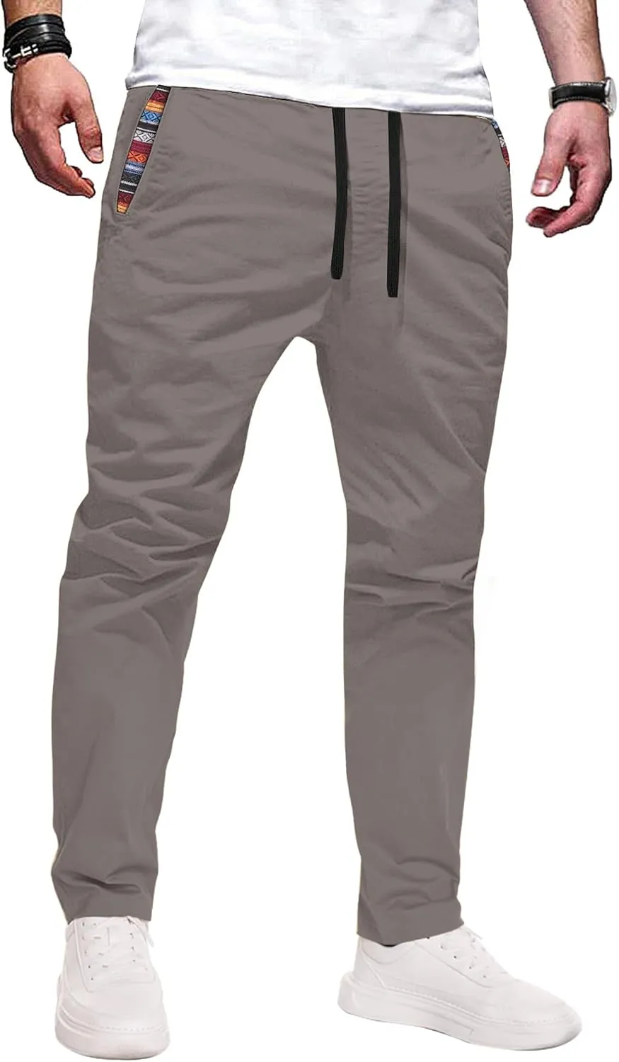 Mens Casual Pants Cotton Twill Straight-Fit Pants Drawstring Elastic Waist Chino Pants with Pockets