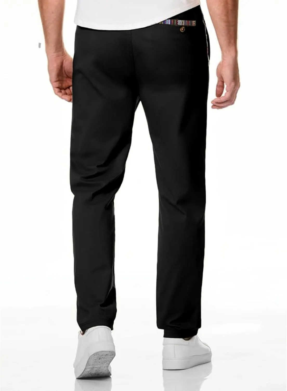 Mens Casual Pants Cotton Twill Straight-Fit Pants Drawstring Elastic Waist Chino Pants with Pockets
