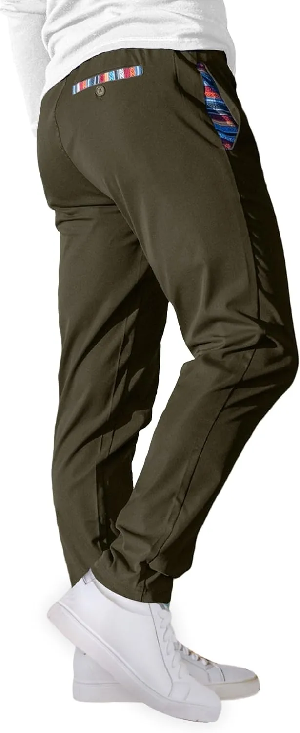 Mens Casual Pants Cotton Twill Straight-Fit Pants Drawstring Elastic Waist Chino Pants with Pockets