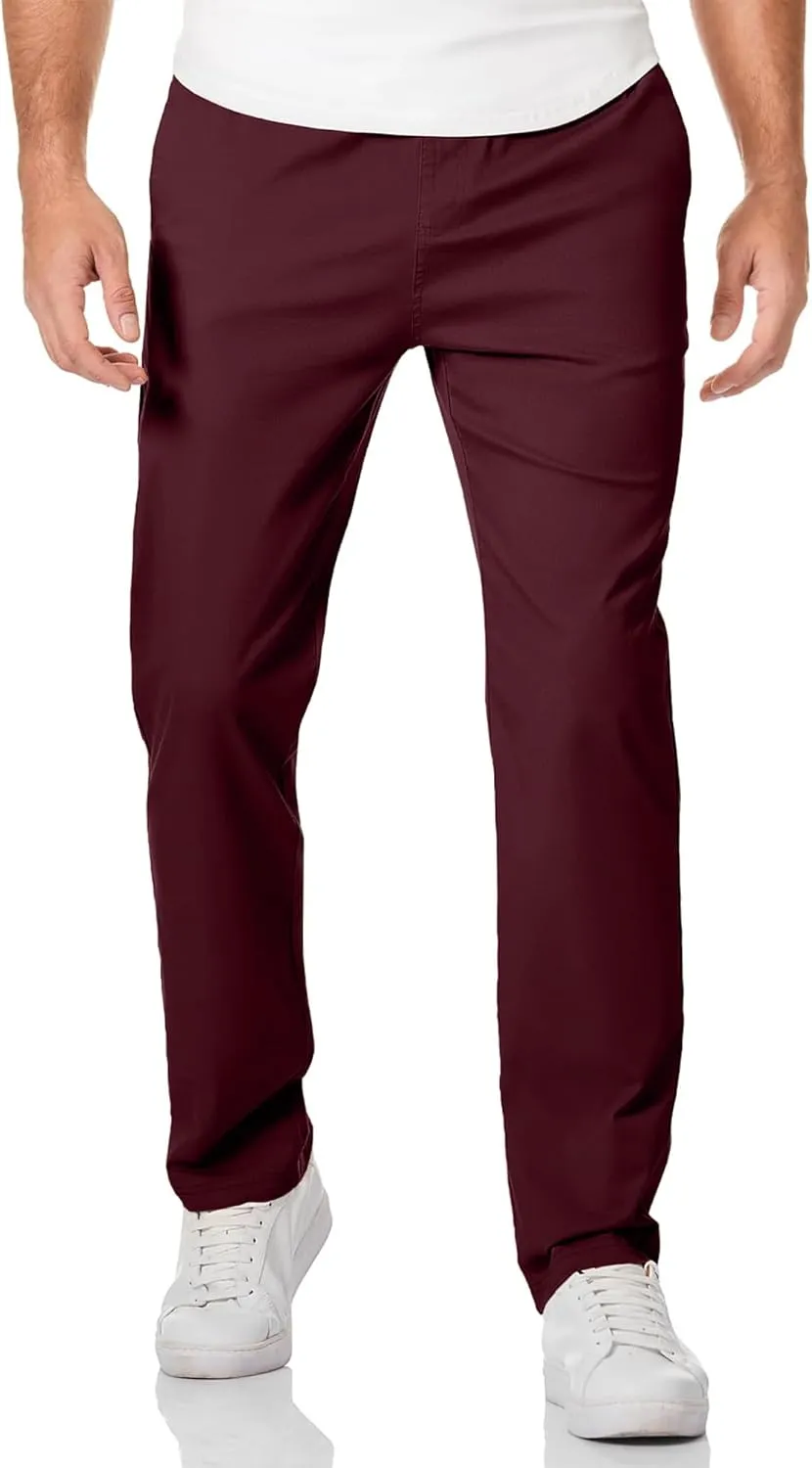 Mens Casual Pants Cotton Twill Straight-Fit Pants Drawstring Elastic Waist Chino Pants with Pockets