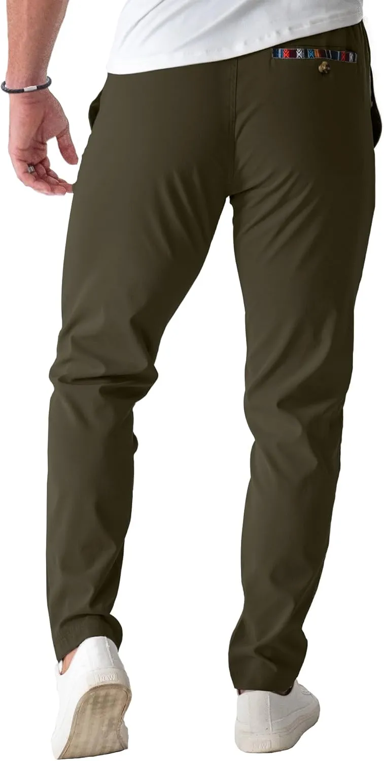 Mens Casual Pants Cotton Twill Straight-Fit Pants Drawstring Elastic Waist Chino Pants with Pockets