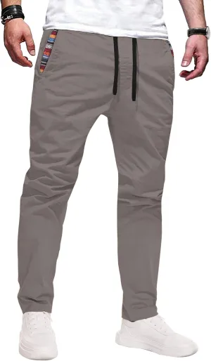 Mens Casual Pants Cotton Twill Straight-Fit Pants Drawstring Elastic Waist Chino Pants with Pockets