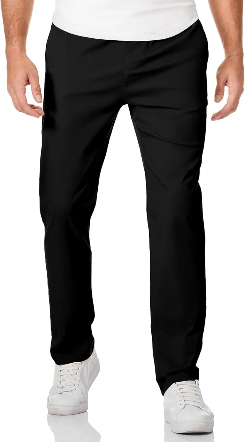 Mens Casual Pants Cotton Twill Straight-Fit Pants Drawstring Elastic Waist Chino Pants with Pockets