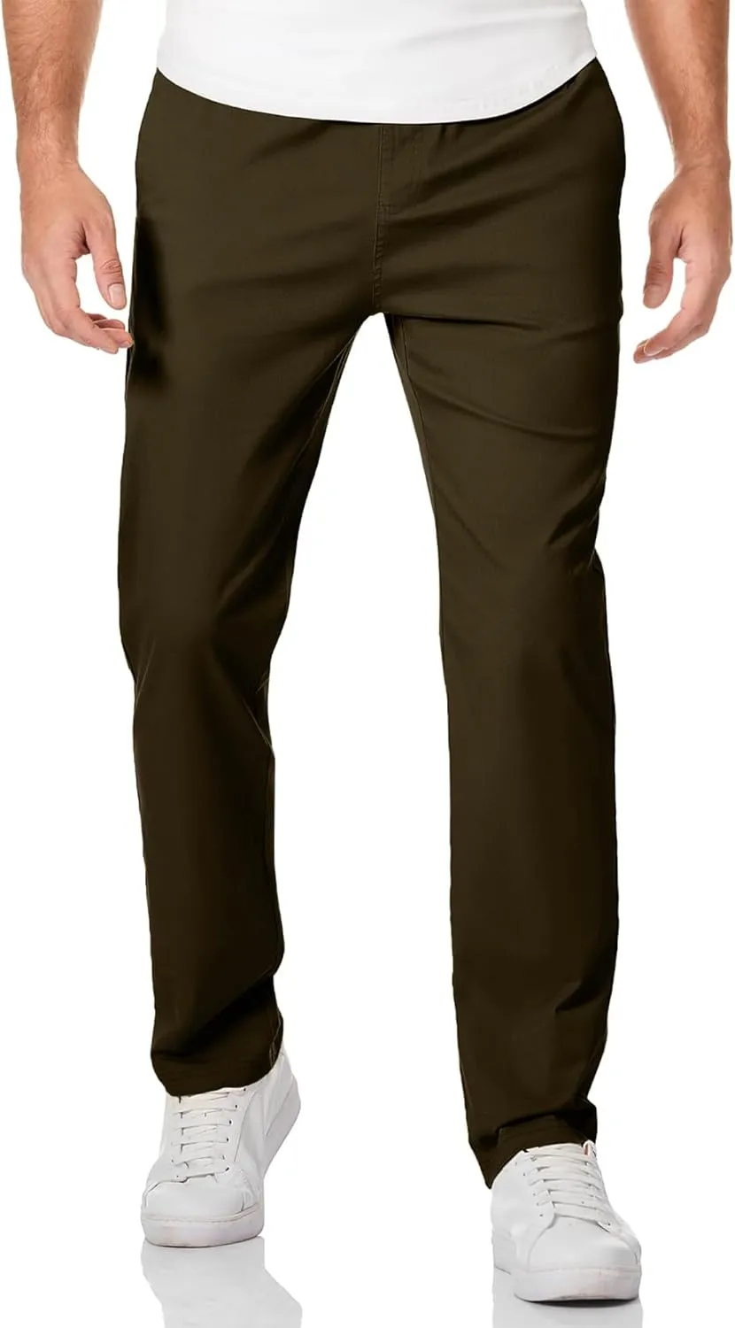 Mens Casual Pants Cotton Twill Straight-Fit Pants Drawstring Elastic Waist Chino Pants with Pockets
