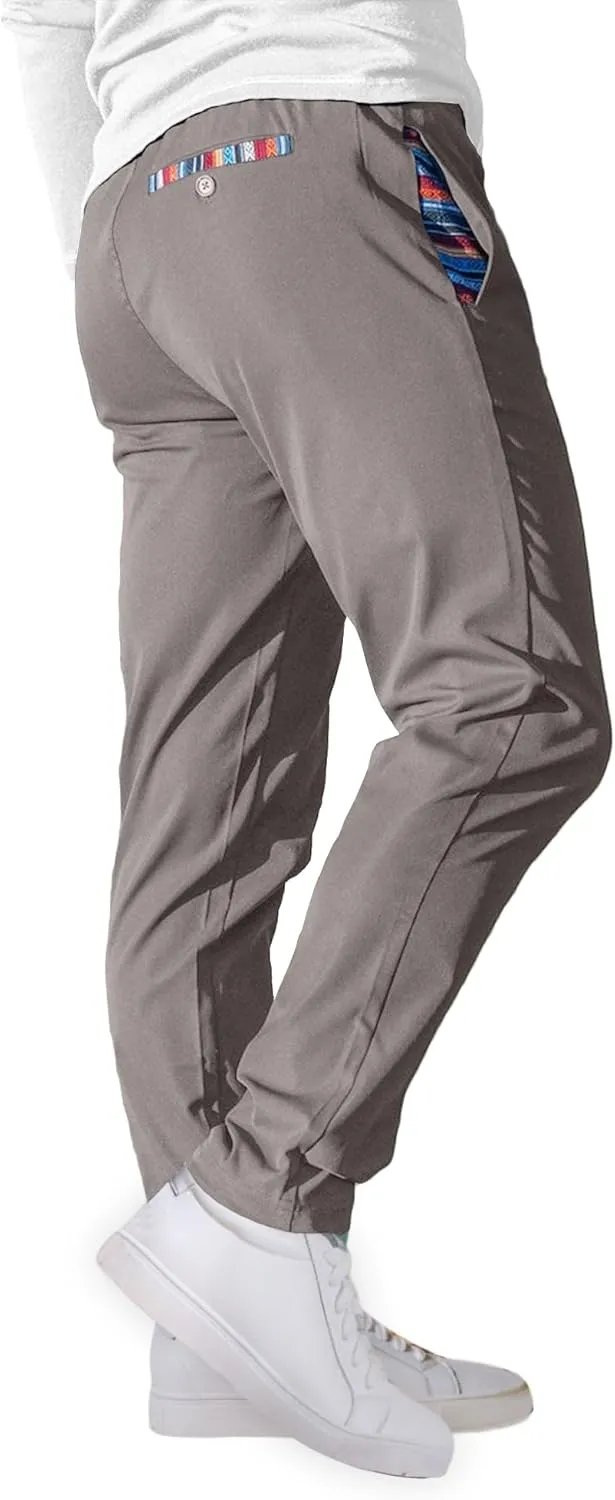 Mens Casual Pants Cotton Twill Straight-Fit Pants Drawstring Elastic Waist Chino Pants with Pockets
