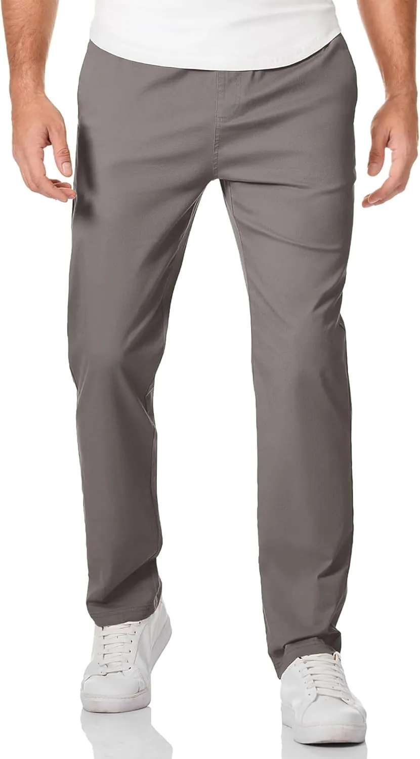 Mens Casual Pants Cotton Twill Straight-Fit Pants Drawstring Elastic Waist Chino Pants with Pockets