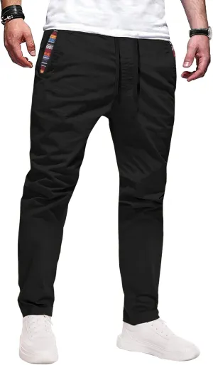 Mens Casual Pants Cotton Twill Straight-Fit Pants Drawstring Elastic Waist Chino Pants with Pockets