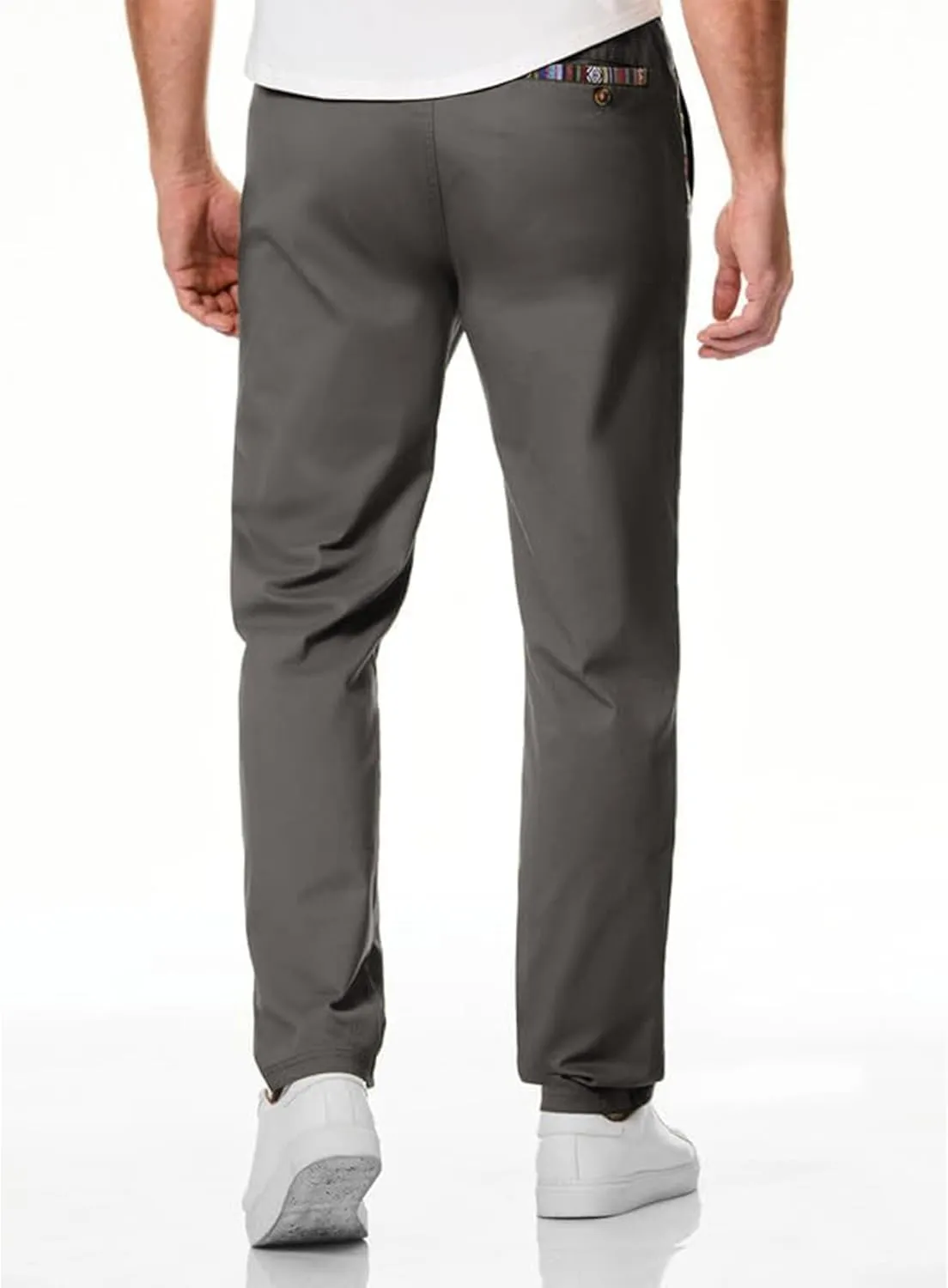 Mens Casual Pants Cotton Twill Straight-Fit Pants Drawstring Elastic Waist Chino Pants with Pockets