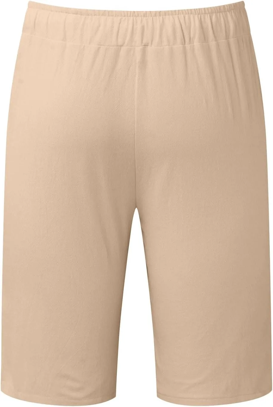 Mens Cotton Linen Shorts Casual Elastic Waist Lightweight Vacation Summer Beach Shorts with Pockets