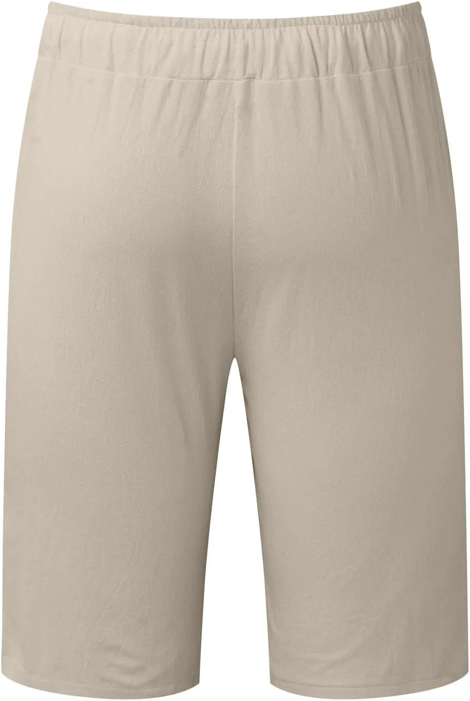 Mens Cotton Linen Shorts Casual Elastic Waist Lightweight Vacation Summer Beach Shorts with Pockets