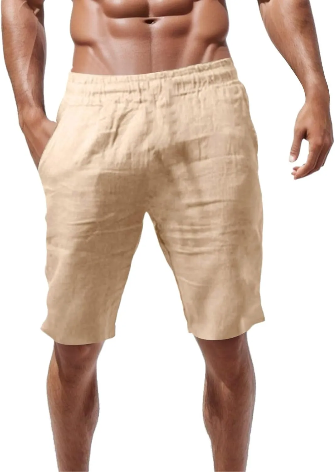 Mens Cotton Linen Shorts Casual Elastic Waist Lightweight Vacation Summer Beach Shorts with Pockets