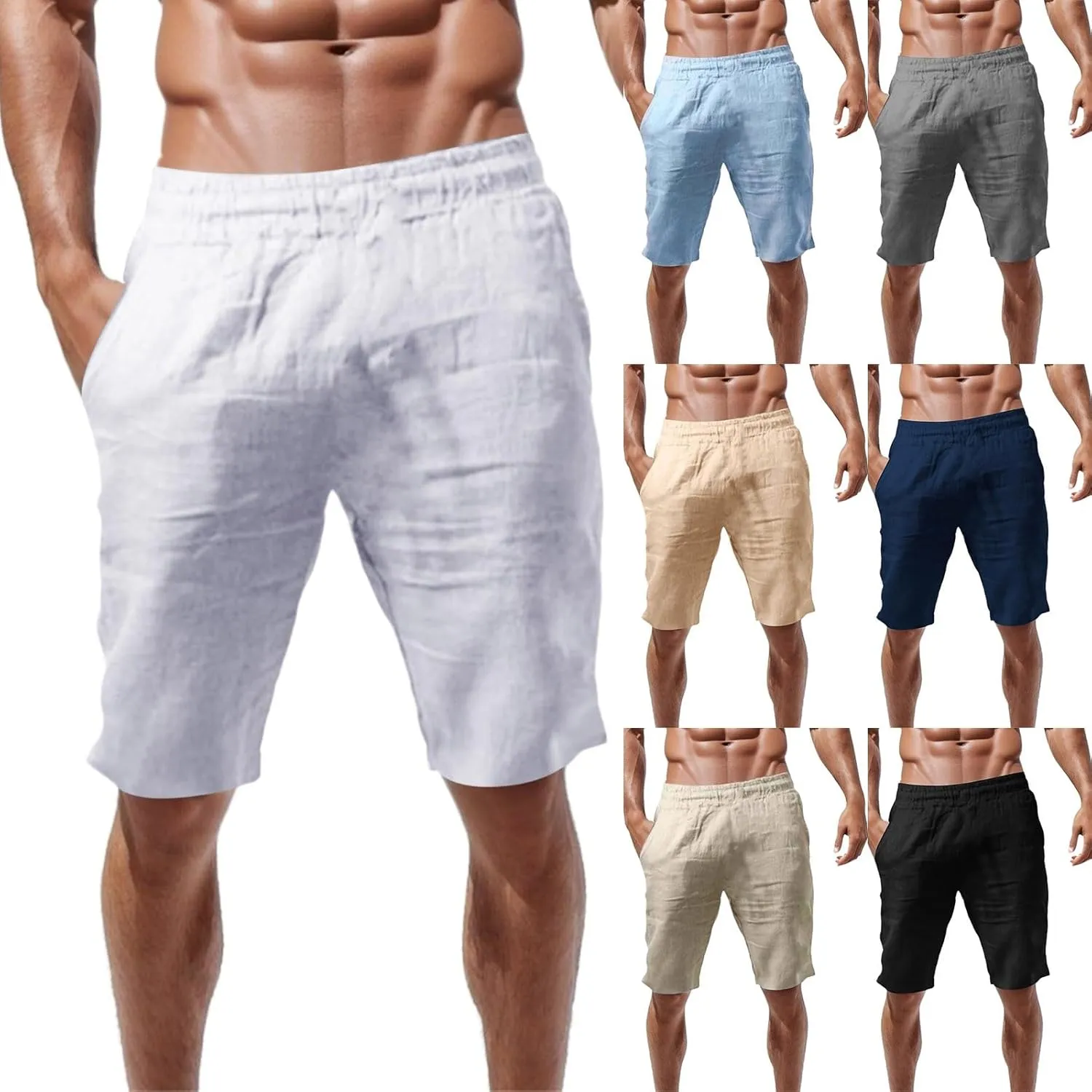Mens Cotton Linen Shorts Casual Elastic Waist Lightweight Vacation Summer Beach Shorts with Pockets