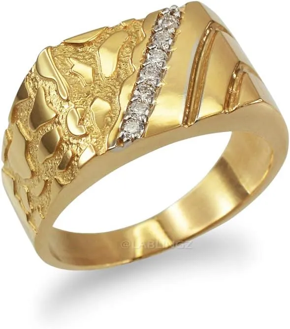 Men's Diamond Accent Rectangle Nugget Ring in 14K Yellow Gold