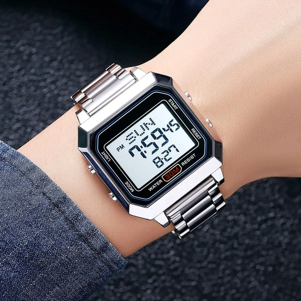 Mens Digital Watch for Men, Stainless Steel Square Watches, Digital Wrist Watches Waterproof Dual Time Date Watch