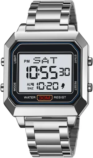 Mens Digital Watch for Men, Stainless Steel Square Watches, Digital Wrist Watches Waterproof Dual Time Date Watch