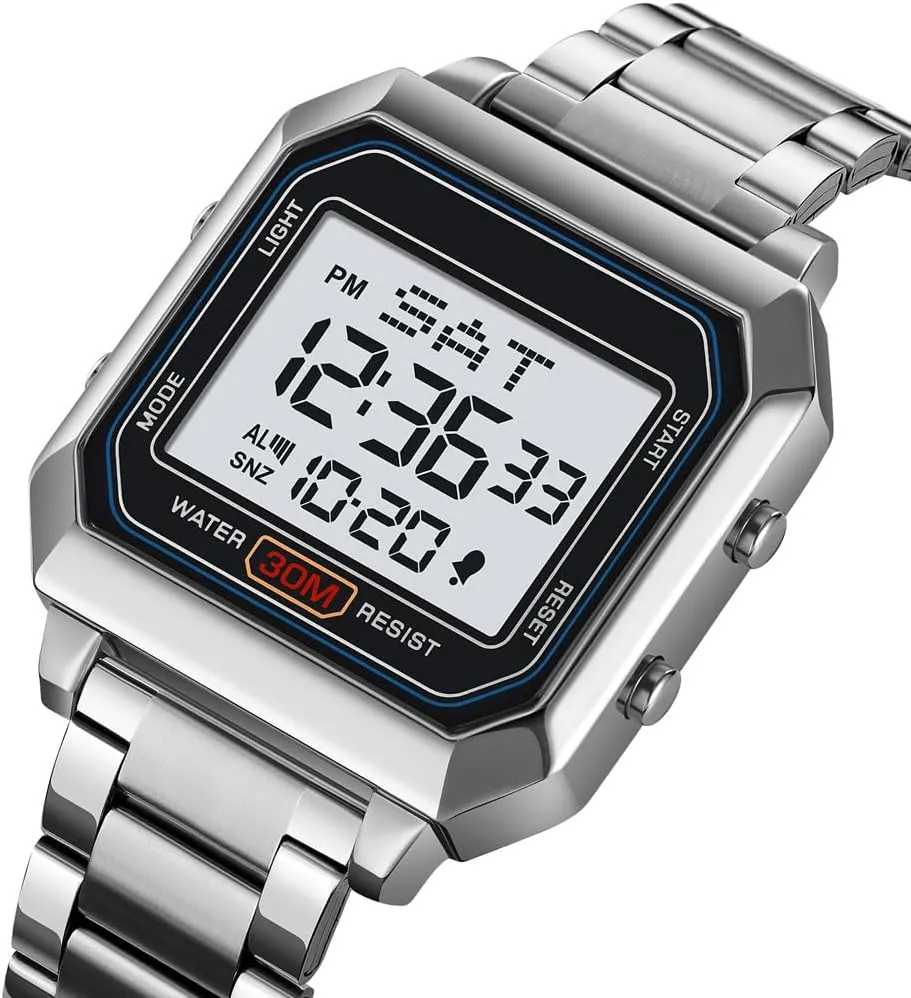 Mens Digital Watch for Men, Stainless Steel Square Watches, Digital Wrist Watches Waterproof Dual Time Date Watch