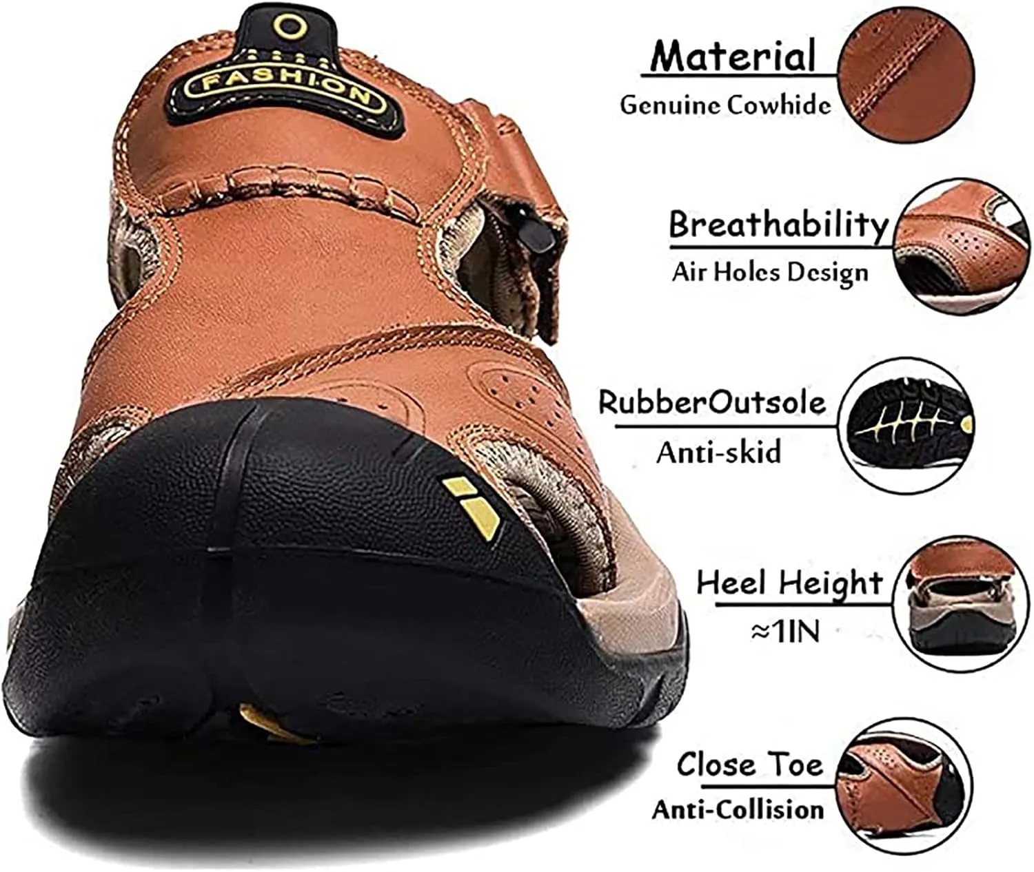 Mens Leather Sandals Outdoor Hiking Sandals Waterproof Athletic Sports Sandals Fisherman Beach Shoes Closed Toe Water Sandals