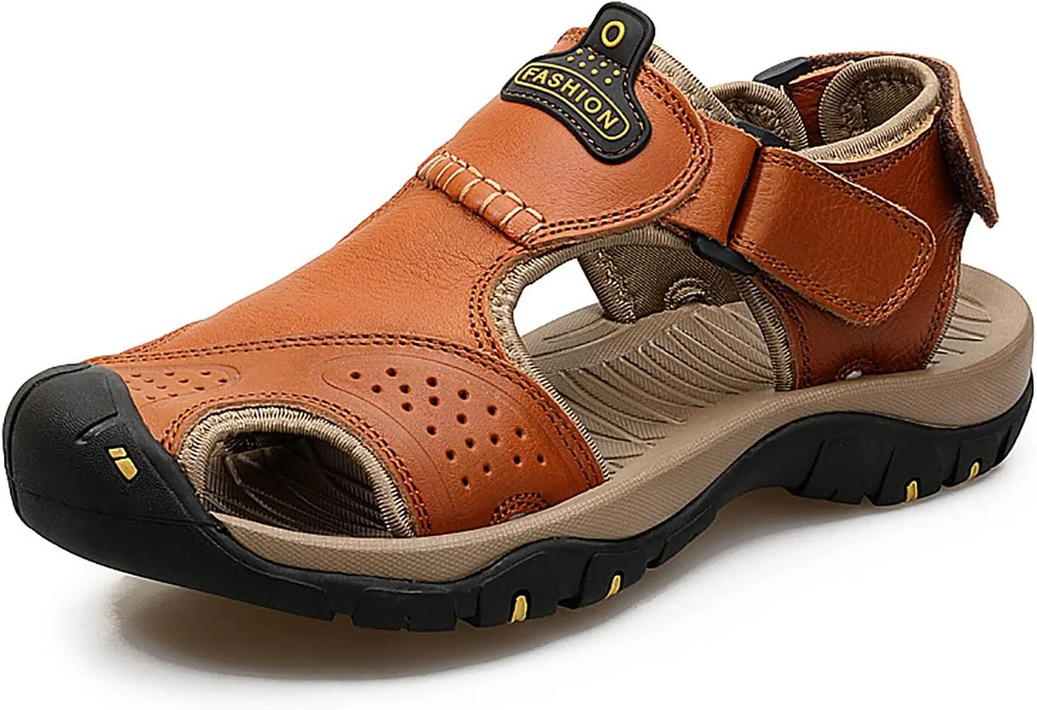 Mens Leather Sandals Outdoor Hiking Sandals Waterproof Athletic Sports Sandals Fisherman Beach Shoes Closed Toe Water Sandals