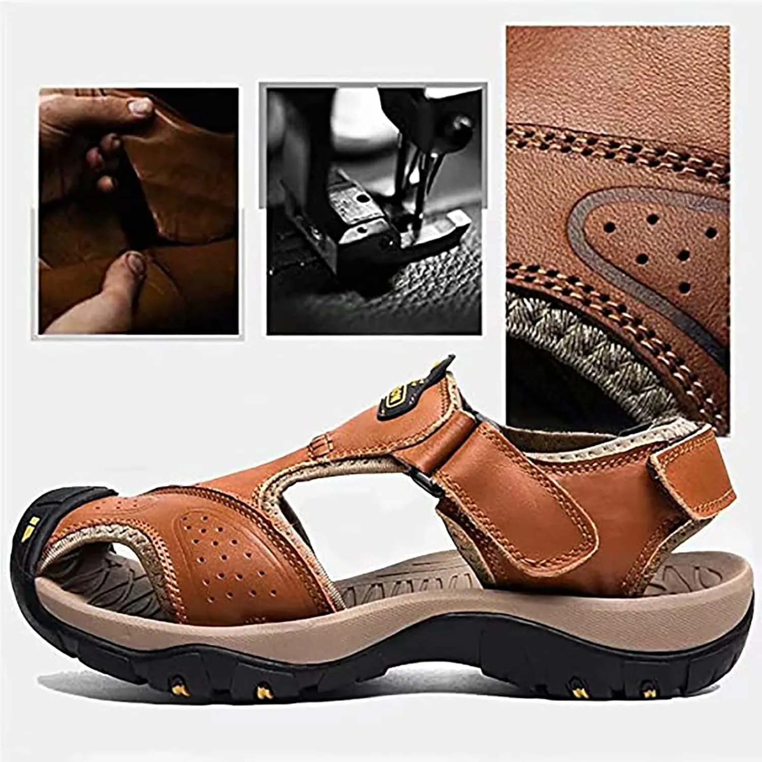 Mens Leather Sandals Outdoor Hiking Sandals Waterproof Athletic Sports Sandals Fisherman Beach Shoes Closed Toe Water Sandals