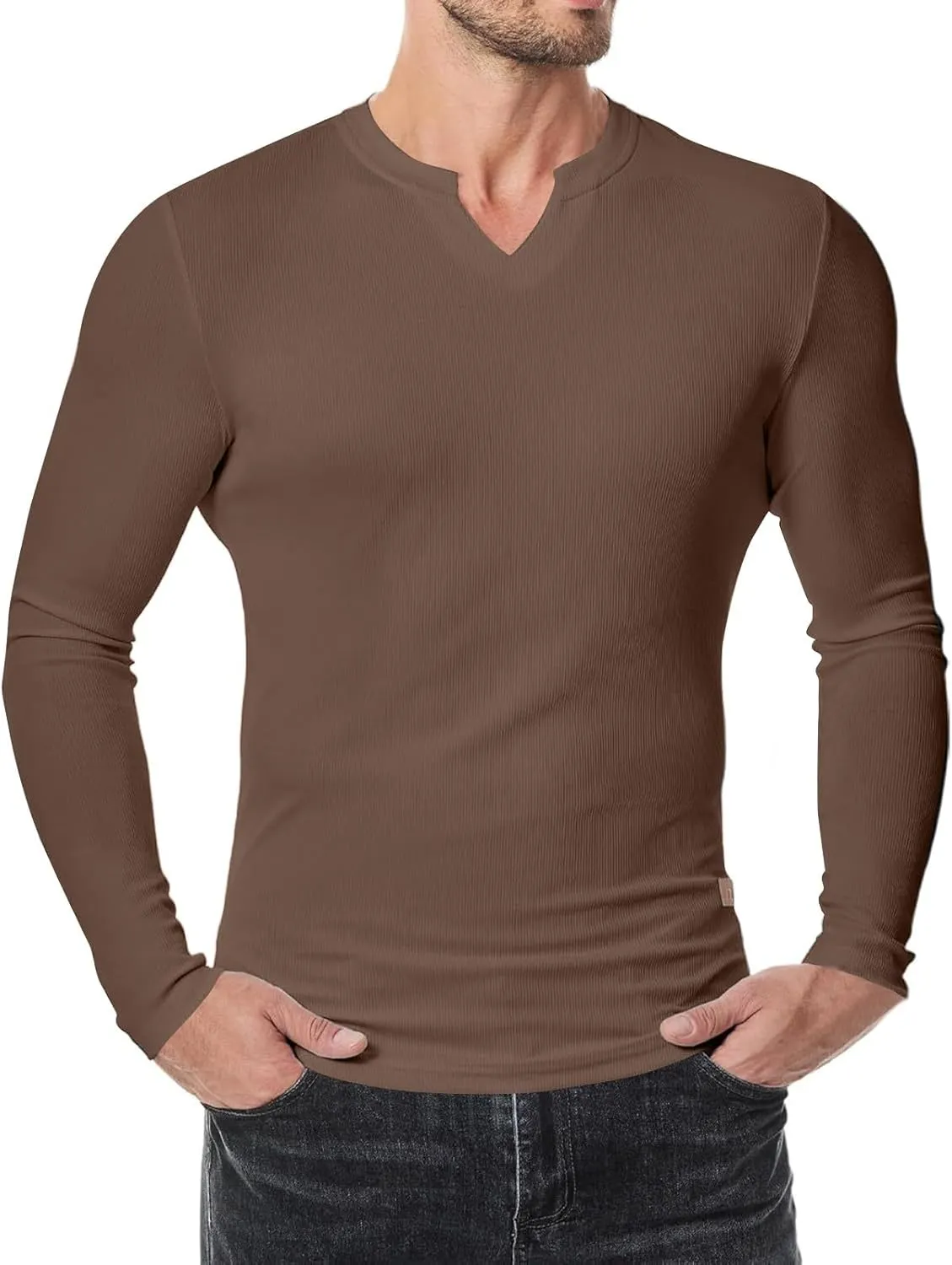 Men's Long Sleeve V-Neck T-Shirt, Soft Cotton, Slim Fit, Casual Wear, Burgundy, Stylish and Comfortable Design