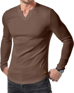 Men's Long Sleeve V-Neck T-Shirt, Soft Cotton, Slim Fit, Casual Wear, Burgundy, Stylish and Comfortable Design